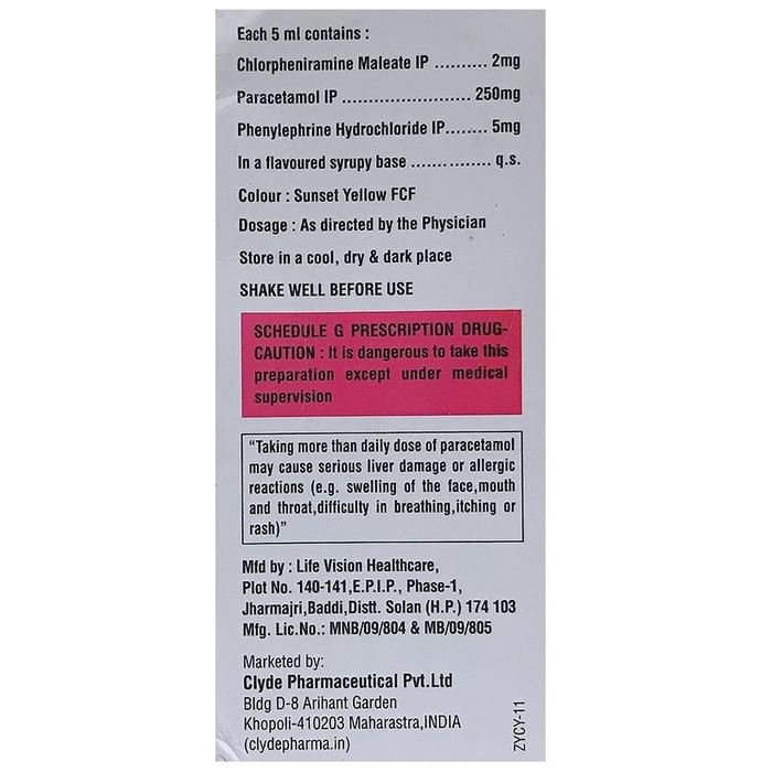 Clyora-P DS Oral Suspension Chlorpheniramine Maleate 2mg/5ml + Paracetamol 250mg/5ml + Phenylephrine