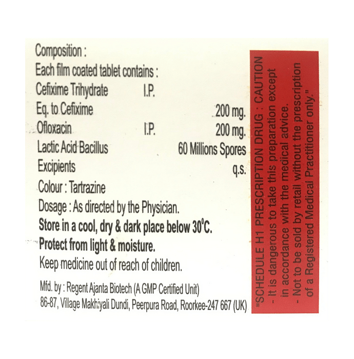 Linix-O Tablet    Cefixime 200mg + Ofloxacin 200mg + Lactobacillus 60Million spores
