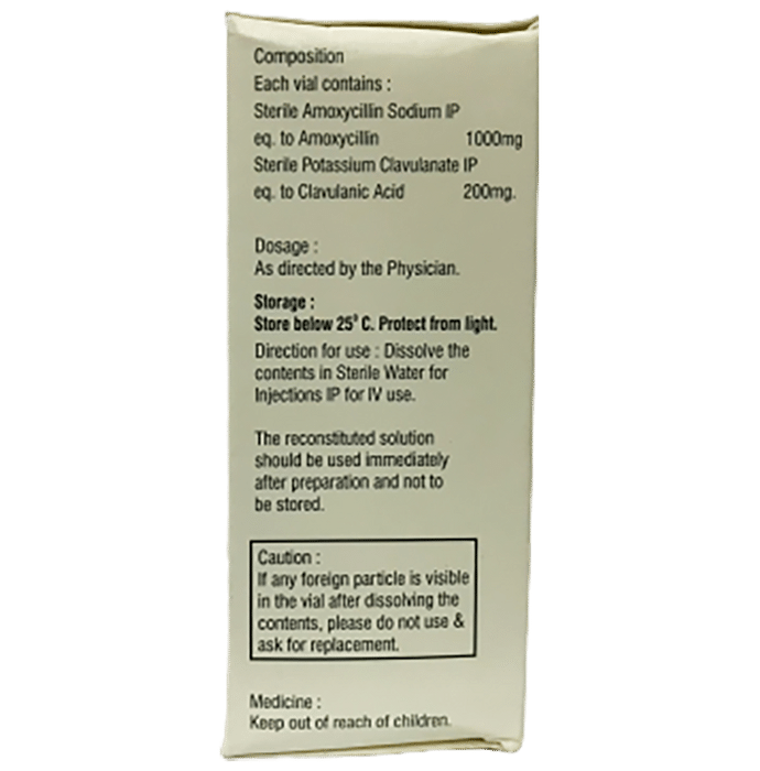 Amoxyclark 1.2 Injection    Amoxycillin 1000mg + Clavulanic Acid 200mg