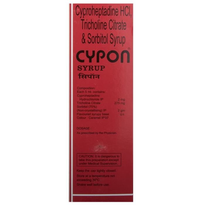 Cypon Syrup    Cyproheptadine 2mg/5ml + Tricholine Citrate 275mg/5ml + Sorbitol 2gm/5ml