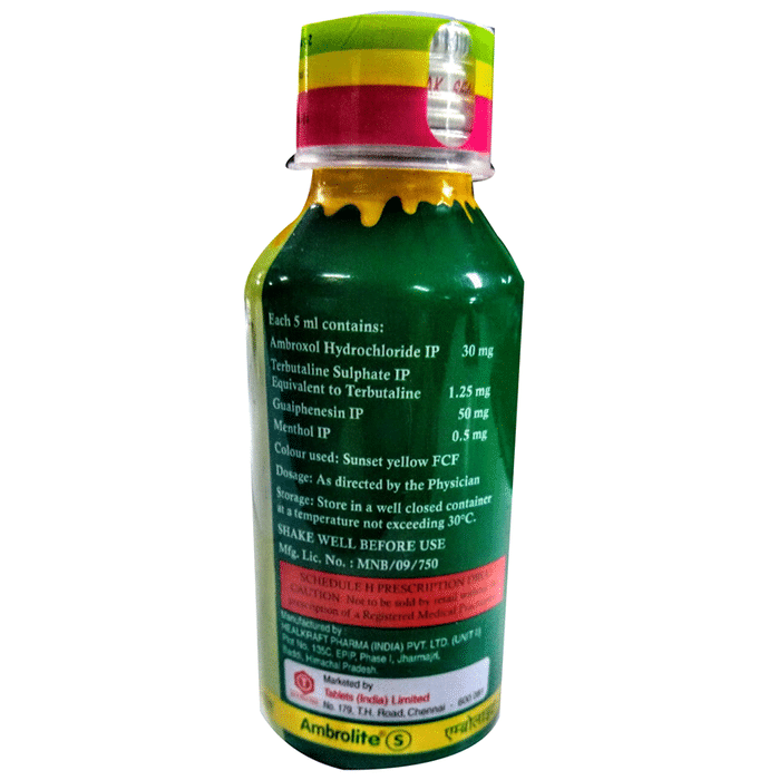Ambrolite-S Expectorant Ambroxol 30mg + Guaifenesin 50mg + Menthol 0.5mg + Terbutaline 1.25mg