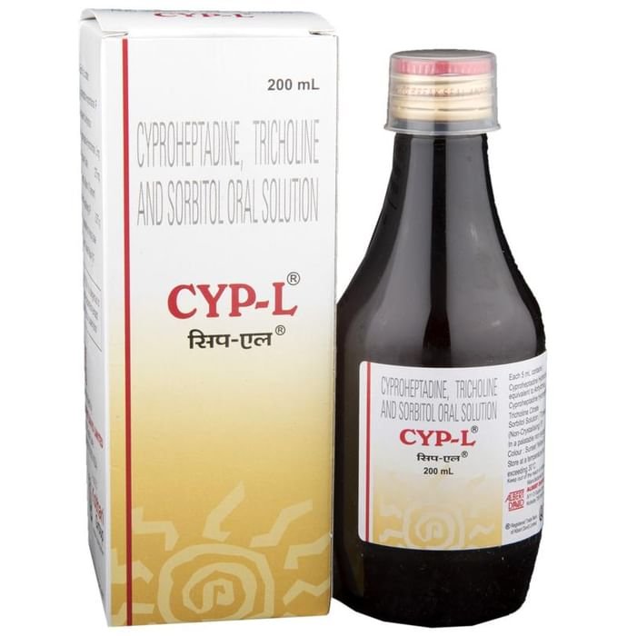 CYP-L Oral Solution    Cyproheptadine 2mg/5ml + Tricholine Citrate 275mg/5ml + Sorbitol 3.575gm/5ml