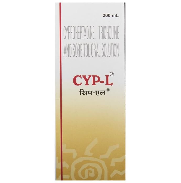 CYP-L Oral Solution    Cyproheptadine 2mg/5ml + Tricholine Citrate 275mg/5ml + Sorbitol 3.575gm/5ml