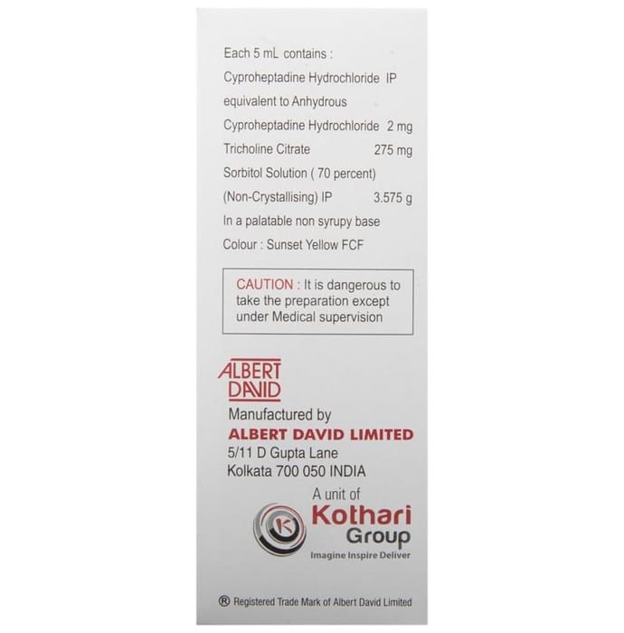 CYP-L Oral Solution    Cyproheptadine 2mg/5ml + Tricholine Citrate 275mg/5ml + Sorbitol 3.575gm/5ml
