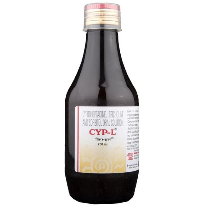 CYP-L Oral Solution    Cyproheptadine 2mg/5ml + Tricholine Citrate 275mg/5ml + Sorbitol 3.575gm/5ml