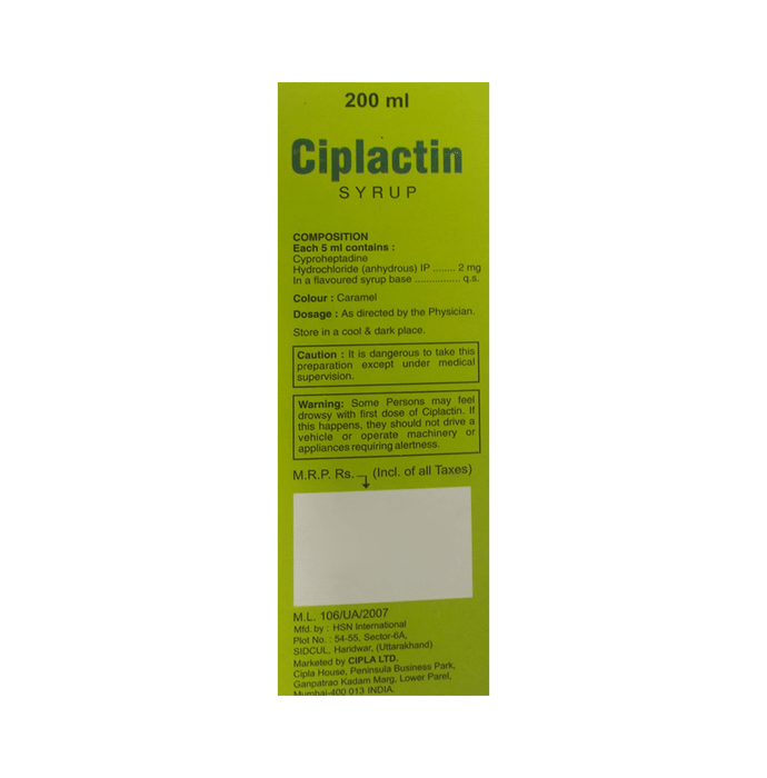 Ciplactin Syrup    Cyproheptadine 2mg/5ml