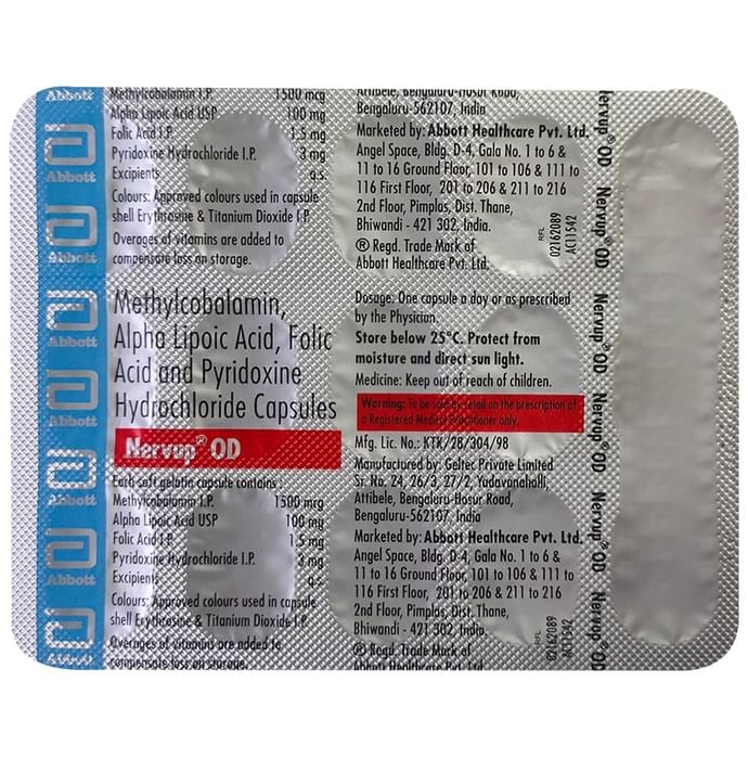 Nervup OD Soft Gelatin Capsule    Methylcobalamin 1500mcg + Alpha Lipoic Acid 100mg + Vitamin B6 Pyr