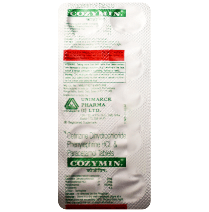 Cozymin+ Tablet    Cetirizine 5mg + Paracetamol 500mg + Phenylephrine 5mg