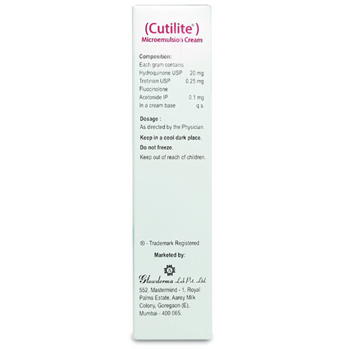 Cutilite Cream    Hydroquinone 2% w/w + Tretinoin 0.025% w/w + Fluocinolone acetonide 0.01% w/w