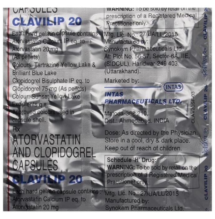 Clavilip 20 Capsule    Atorvastatin 20mg + Clopidogrel 75mg