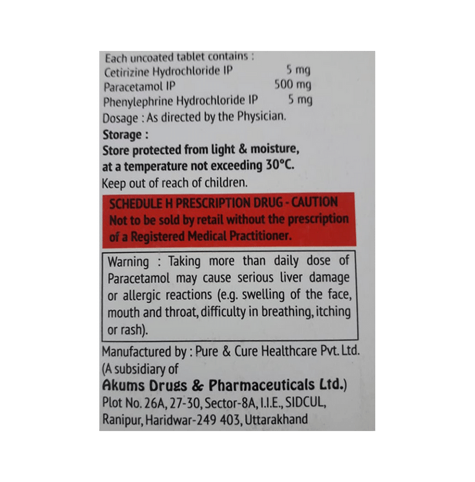 Nosier Tablet    Cetirizine 5mg + Paracetamol 500mg + Phenylephrine 5mg