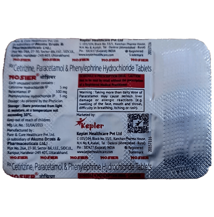 Nosier Tablet    Cetirizine 5mg + Paracetamol 500mg + Phenylephrine 5mg