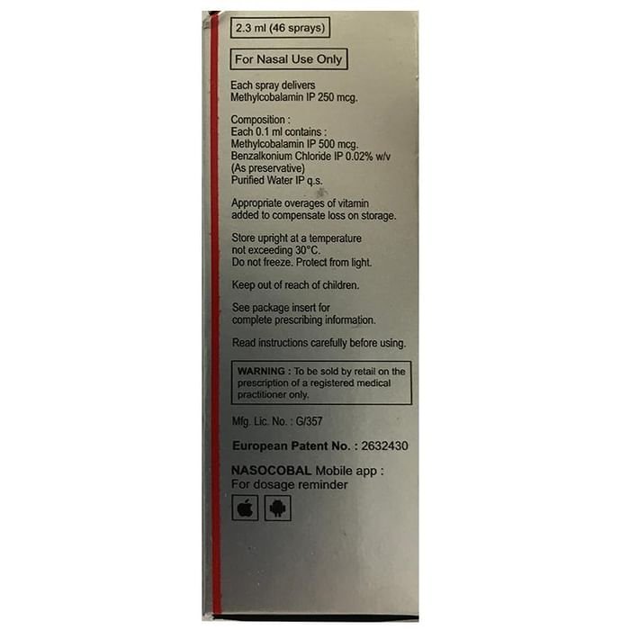 Nasocobal Nasal Spray    Methylcobalamin 250mcg/spray