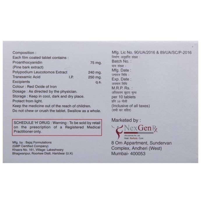 Pinodin-TX Plus Tablet    Proanthocyanidin 75mg + Polypodium leucotomos extract 240mg + Tranexamic A