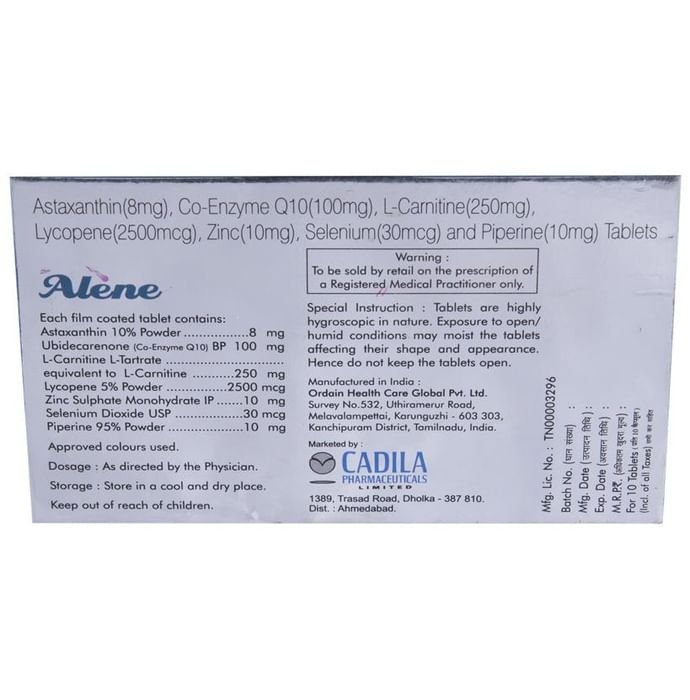 New Alene Tablet    Astaxanthin 8mg + Coenzyme Q10 100mg + Levo-carnitine 250mg + Lycopene 2500mcg +