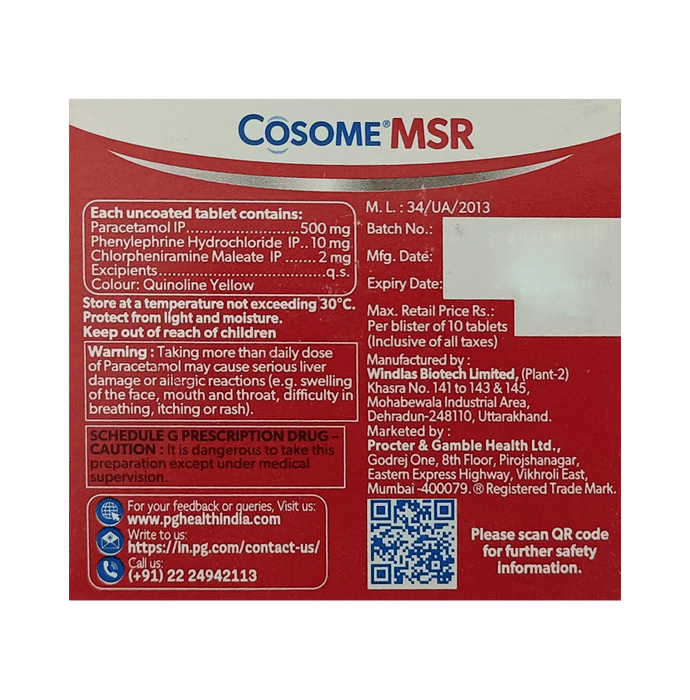 Cosome MSR Tablet    Chlorpheniramine Maleate 2mg + Paracetamol 500mg + Phenylephrine 10mg