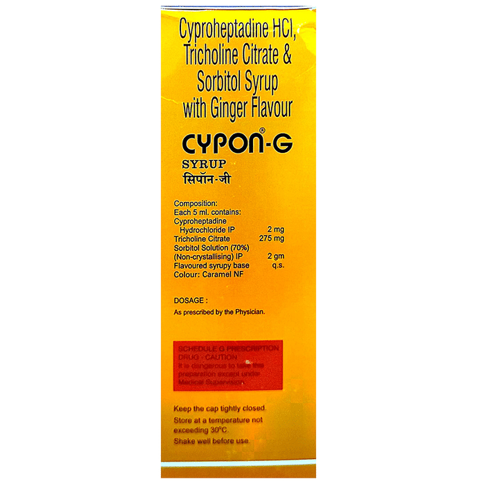 Cypon G Syrup Ginger    Cyproheptadine 2mg/5ml + Tricholine Citrate 275mg/5ml + Sorbitol 2gm/5ml