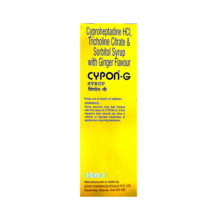 Cypon G Syrup Ginger    Cyproheptadine 2mg/5ml + Tricholine Citrate 275mg/5ml + Sorbitol 2gm/5ml