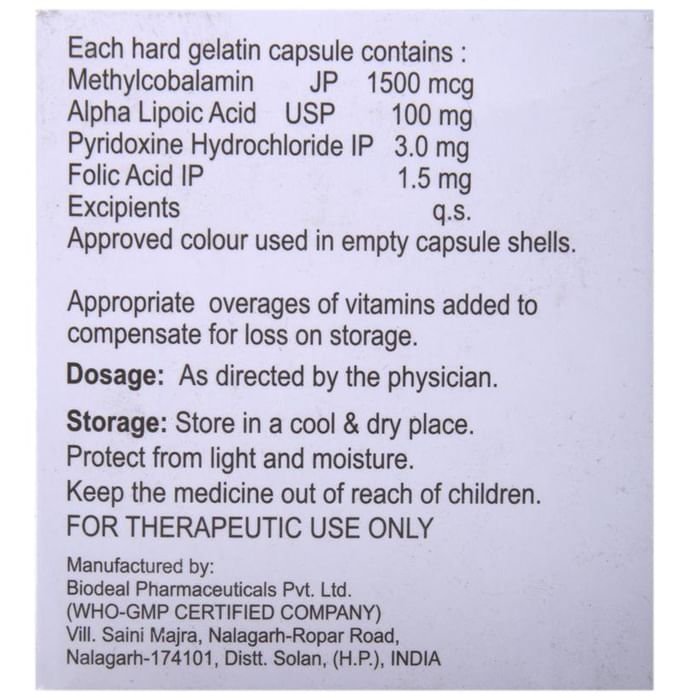 Neuros Capsule    Methylcobalamin 1500mcg + Alpha Lipoic Acid 100mg + Vitamin B6 Pyridoxine 3.0mg + 
