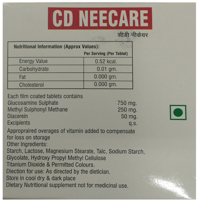 CD Neecare Tablet    Glucosamine 750mg + Diacerein 50mg + Methyl Sulfonyl Methane 250mg