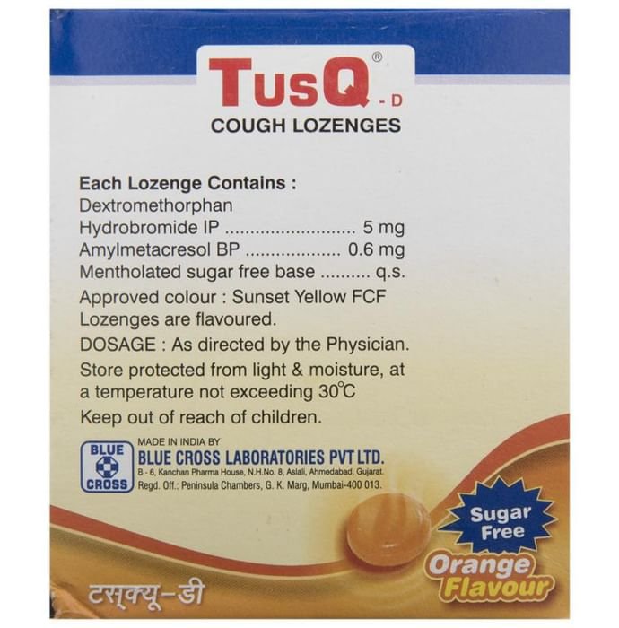 Tusq-D Cough Lozenges Sugar Free    Amylmetacresol 0.6mg + Dextromethorphan Hydrobromide 5mg