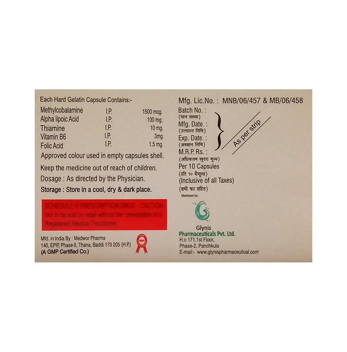 Neunerv Capsule    Methylcobalamin 1500mcg + Alpha Lipoic Acid 100mg + Thiamine mononitrate 10mg + P