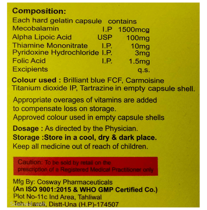 Curenerve Capsule    Methylcobalamin 1500mcg + Alpha Lipoic Acid 100mg + Thiamine mononitrate 10mg +