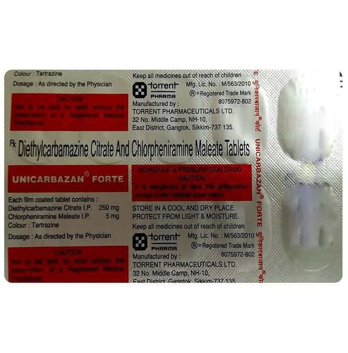 Unicarbazan Forte Tablet    Diethylcarbamazine 250mg + Chlorpheniramine Maleate 5mg