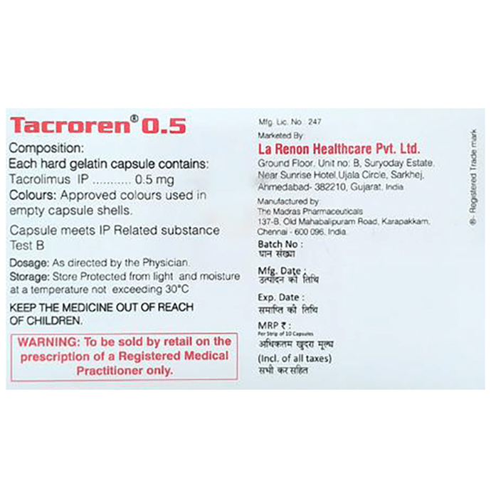 Tacroren 0.5 Capsule    Tacrolimus 0.5mg