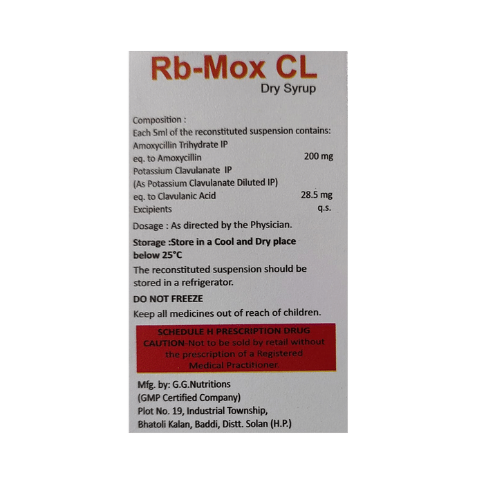 Rb-Mox CL Dry Syrup    Amoxycillin 200mg/5ml + Clavulanic Acid 28.5mg/5ml