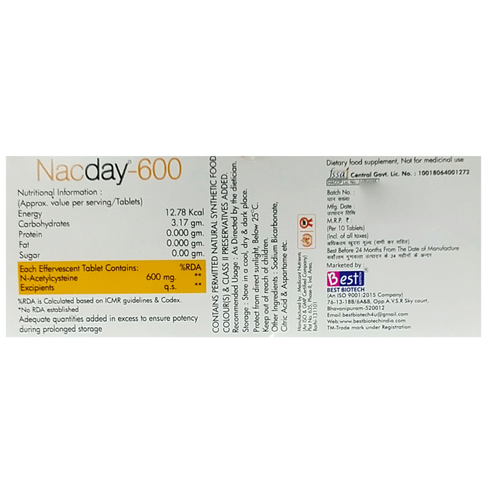 Nacday 600 Effervescent Tablet Delicious Orange Sugar Free    Acetylcysteine 600mg