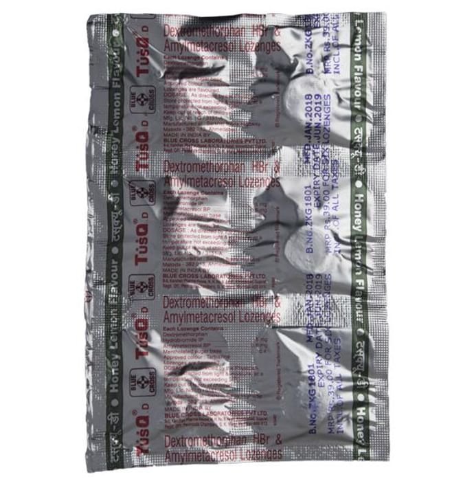 Tusq-D Cough Lozenges Honey lemon    Amylmetacresol 0.6mg + Dextromethorphan Hydrobromide 5mg