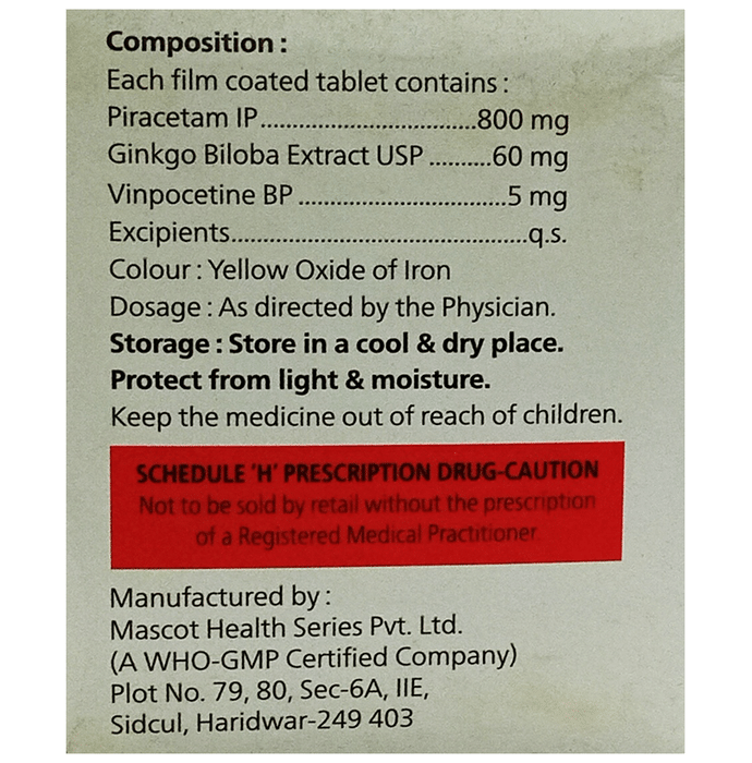 Tinbax Tablet    Ginkgo Biloba 60mg + Piracetam 800mg + Vinpocetine 5mg