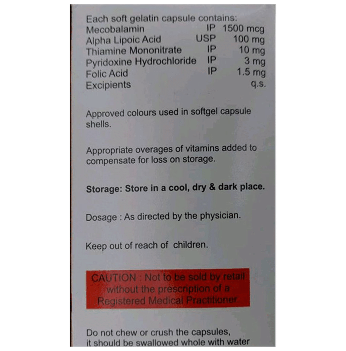 Nervjet Softgel Capsule    Methylcobalamin 1500mcg + Alpha Lipoic Acid 100mg + Thiamine mononitrate 