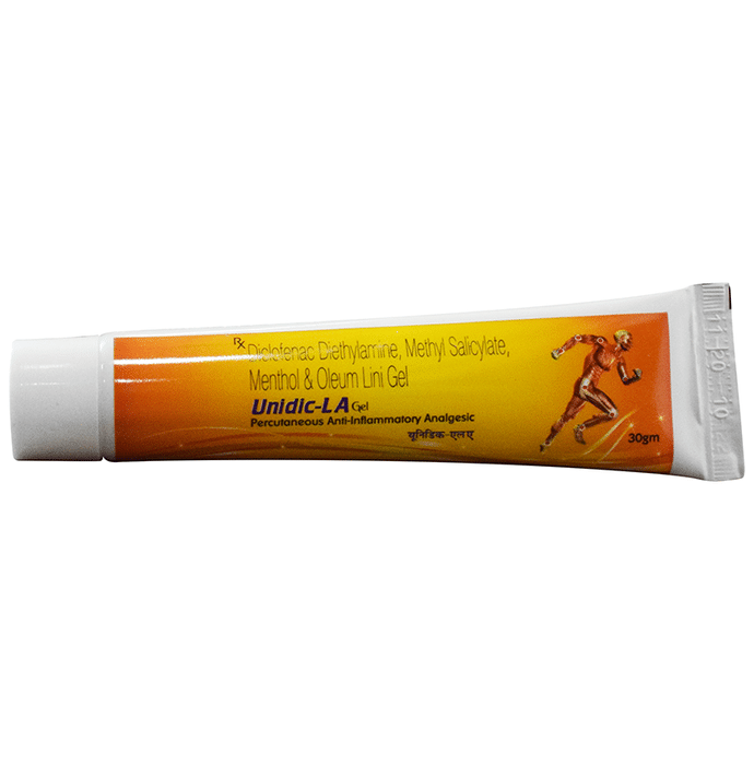 Unidic-LA Gel    Diclofenac diethylamine 1.16% w/w + Methyl Salicylate 10% w/w + Oleum Lini 3% w/w +