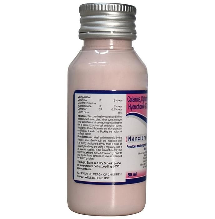 Nanzidryl Lotion    Calamine 8% w/v + Diphenhydramine 1% w/v + Camphor 0.1% w/v