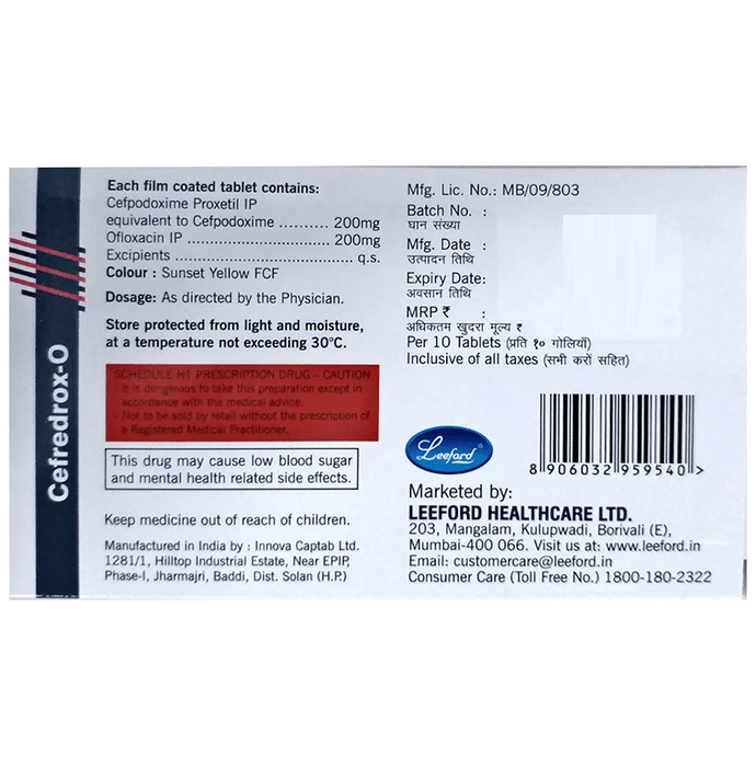 Cefredrox O 200mg/200mg Tablet    Cefpodoxime Proxetil 200mg + Ofloxacin 200mg
