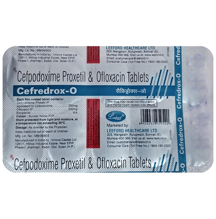 Cefredrox O 200mg/200mg Tablet    Cefpodoxime Proxetil 200mg + Ofloxacin 200mg