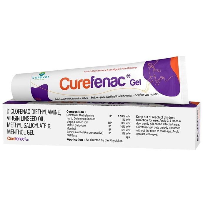 Curefenac Gel    Diclofenac diethylamine 1.16% w/w + Linseed Oil 3% w/w + Methyl Salicylate 10% w/w 