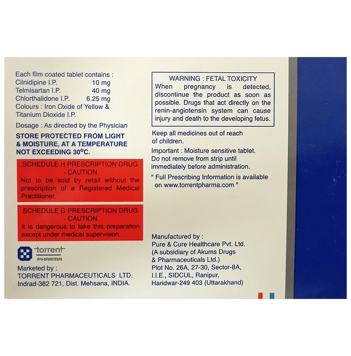 Torcilin Trio Tablet    Telmisartan 40mg + Cilnidipine 10mg + Chlorthalidone 6.25mg