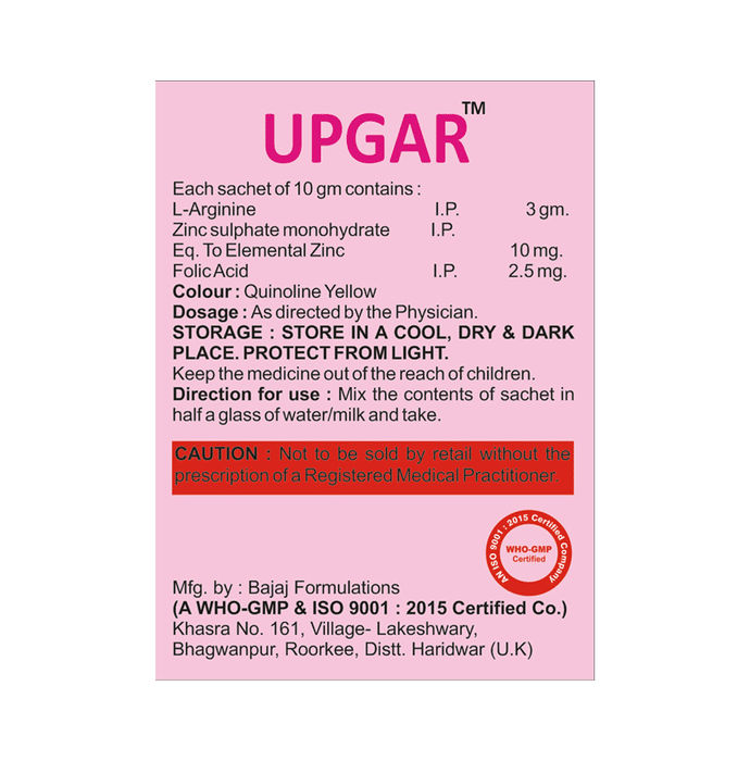 Upgar Powder Lemony Orange Sugar Free    L-Arginine 3gm + Zinc Sulphate Monohydrate 10mg + Folic Aci
