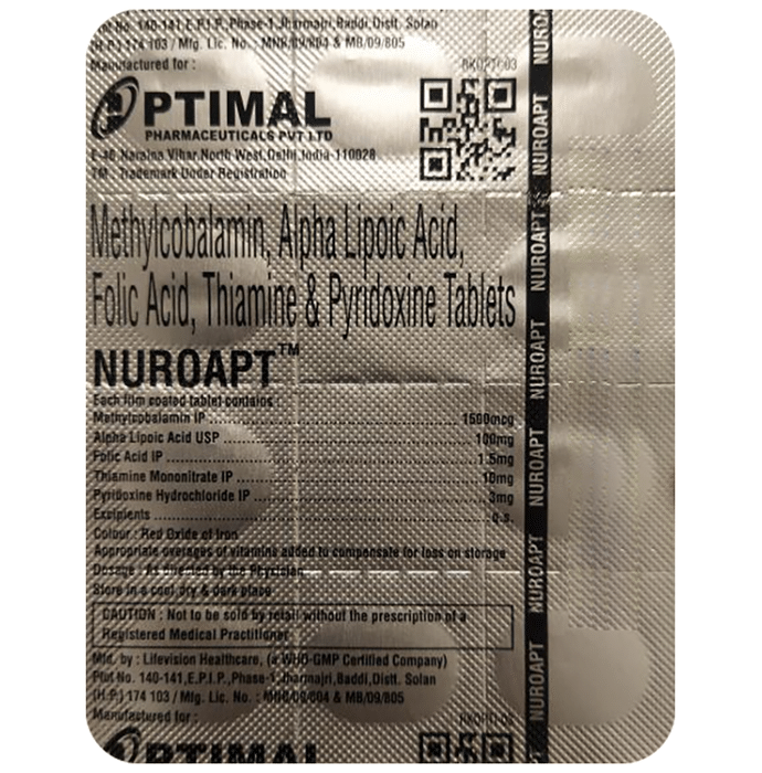 Nuroapt Tablet    Methylcobalamin 1500mcg + Alpha Lipoic Acid 100mg + Thiamine mononitrate 10mg + Py