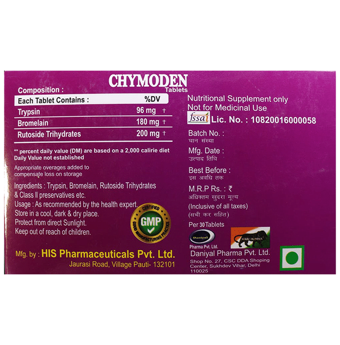 Chymoden Tablet    Bromelain 180mg + Trypsin 96mg + Rutoside 200mg