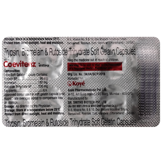 New Coevitenz Soft Gelatin Capsule    Bromelain 180mg + Trypsin 96mg + Rutoside 200mg