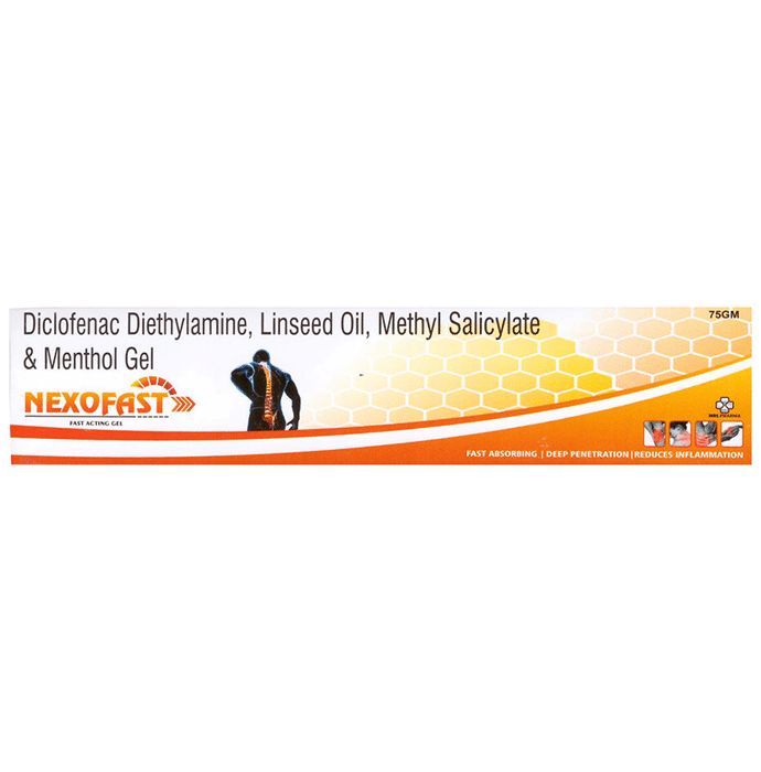 Nexofast Gel    Diclofenac diethylamine 1.16% w/w + Linseed Oil 3% w/w + Methyl Salicylate 10% w/w +