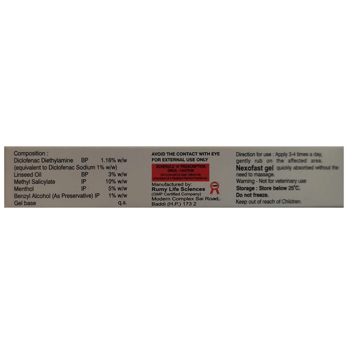 Nexofast Gel    Diclofenac diethylamine 1.16% w/w + Linseed Oil 3% w/w + Methyl Salicylate 10% w/w +