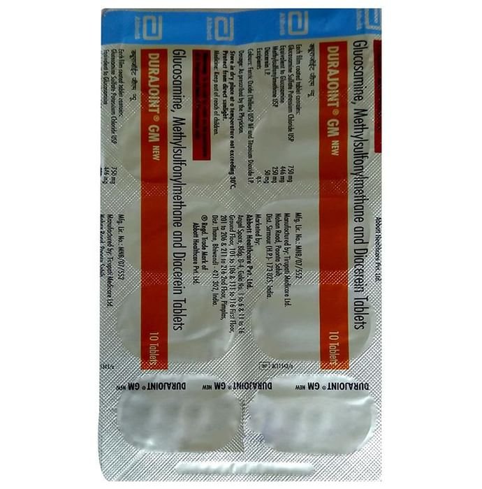 Durajoint GM New Tablet    Diacerein 50mg + Glucosamine Sulfate Potassium Chloride 750mg + Methyl Su