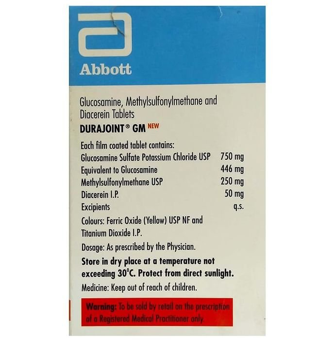 Durajoint GM New Tablet    Diacerein 50mg + Glucosamine Sulfate Potassium Chloride 750mg + Methyl Su