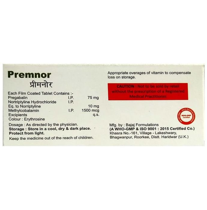 Premnor Tablet    Pregabalin 75mg + Nortriptyline 10mg + Methylcobalamin 1500mcg