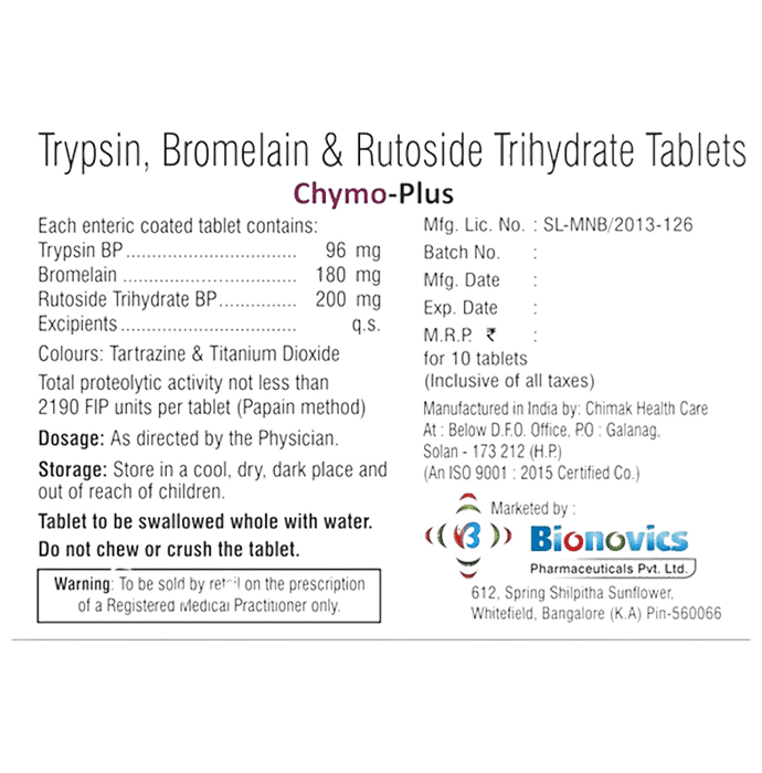Chymo-Plus Tablet    Bromelain 180mg + Trypsin 96mg + Rutoside 200mg